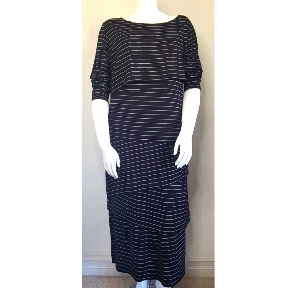 Marina Rinaldi Navy and White Striped Long Sleeve Maxi Dress